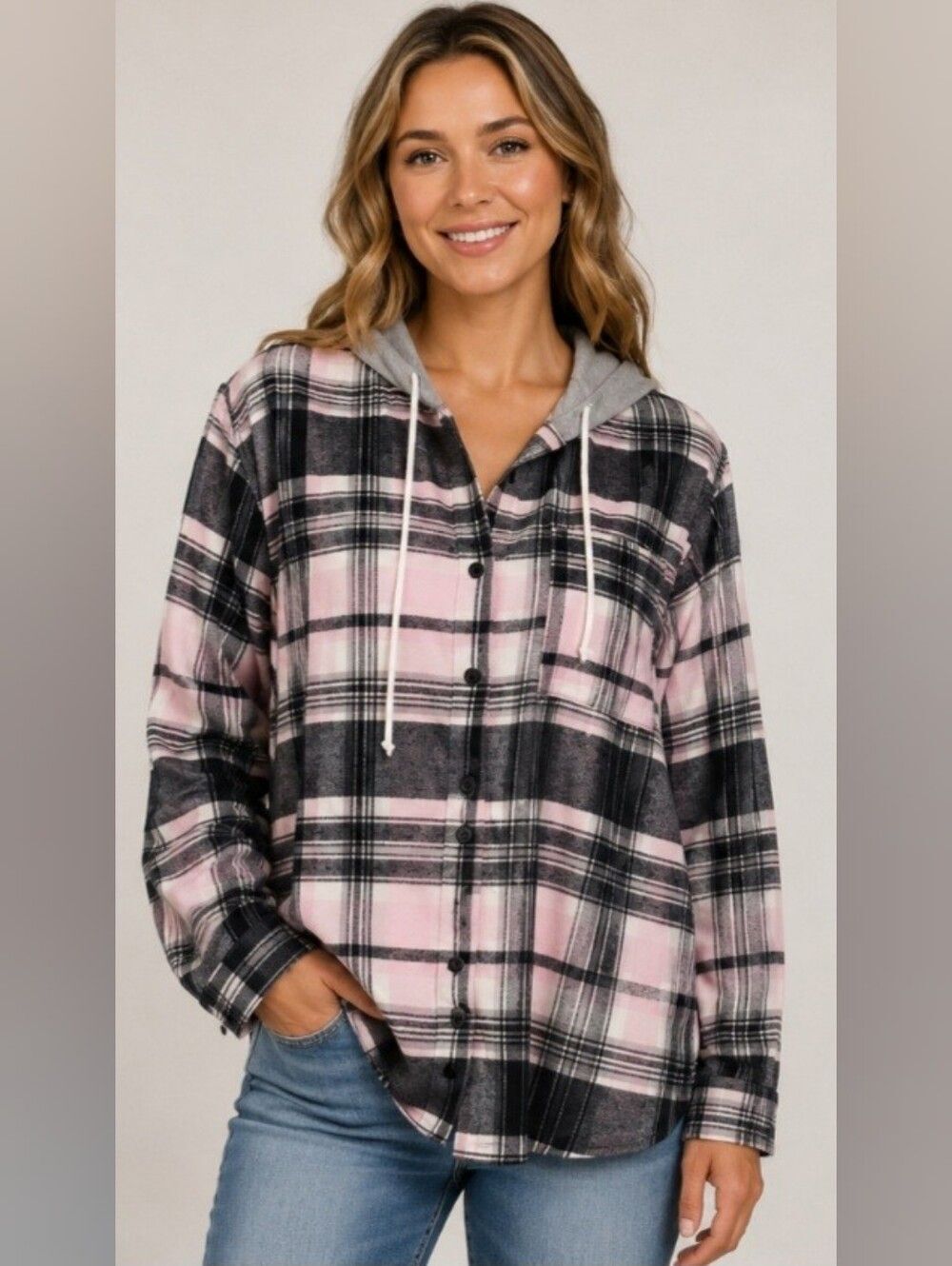 Sabrina Lauren Sz Large Pink Gray Plaid Long Sleeve Crop Button Up Shirt Fall *